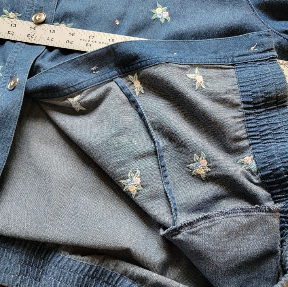 Embroidered Denim Button-Up Shirt Jacket With Subtle Rhinestones - Picture 11 of 16